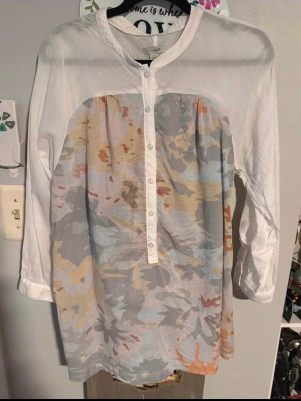Odille White Long-Sleeve Henley with Pastel Multi-Color Panel